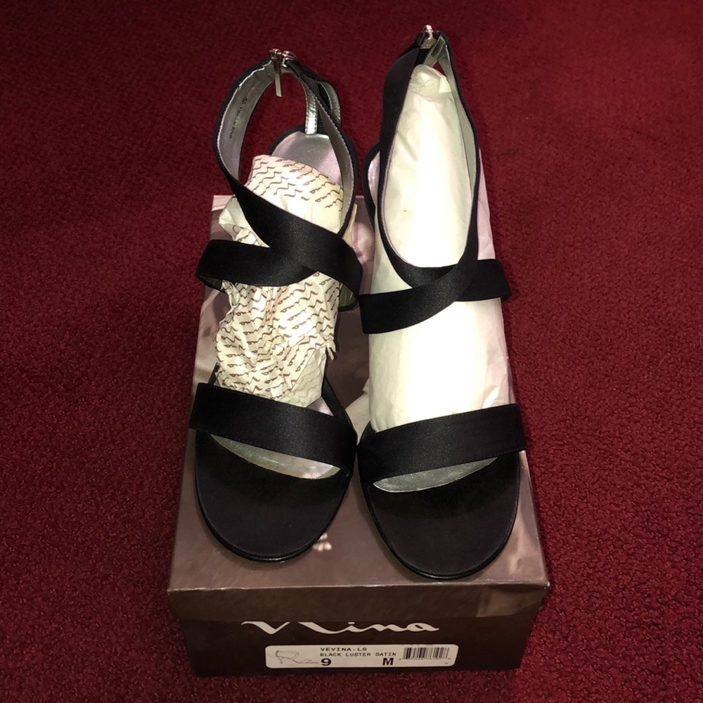 Black luster satin heels